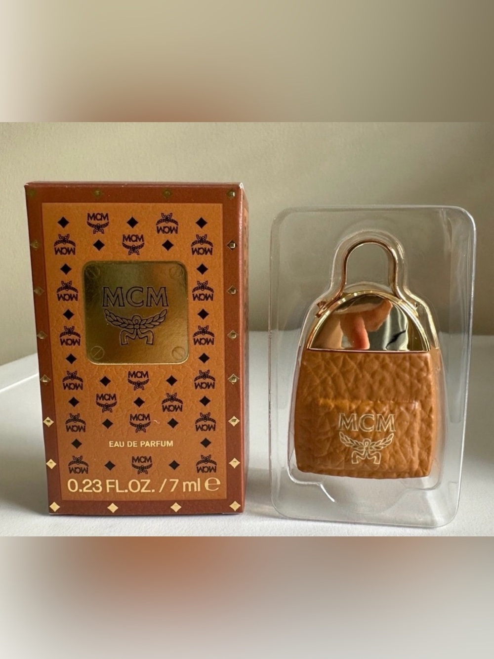NEW MCM Mini Eau de Parfum in Cognac Brown, Lock Charm Bottle